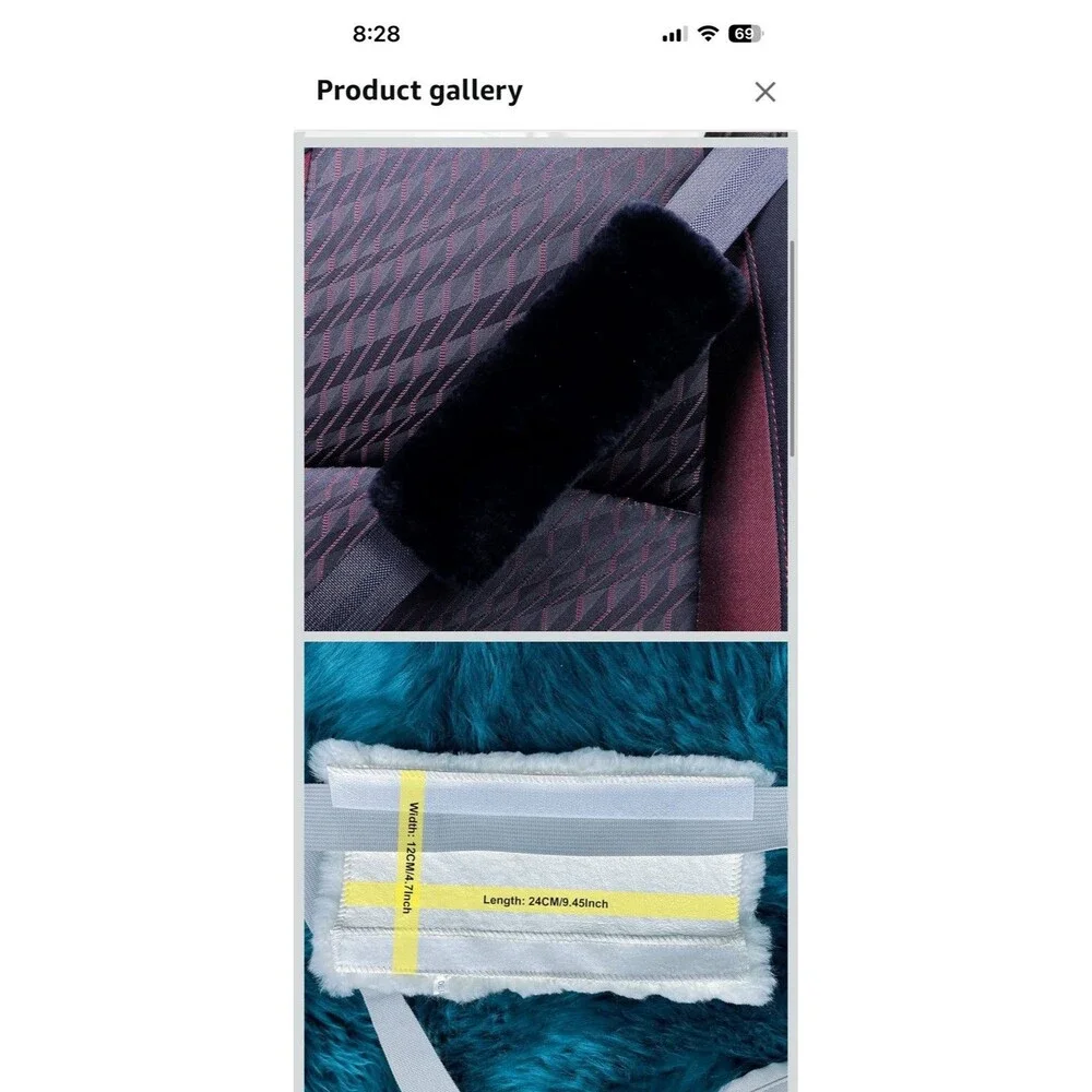 Fluffy Fuzzy Genuine Sheepskin Car Seat Belt Cover Pad, Seatbelt 1 Black